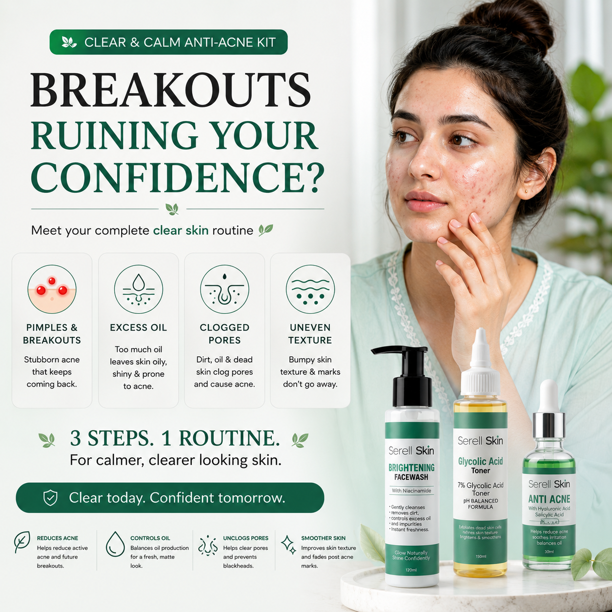Serell Skin Anti-Acne Kit – facewash toner serum bundle Pakistan